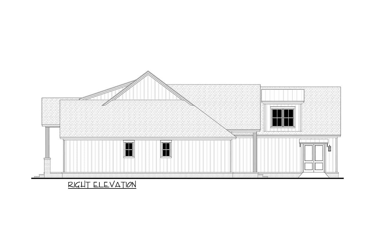 Architectural elevation drawing of a house, showing the right side with roof details, windows, and the entrance door, all in black and white.