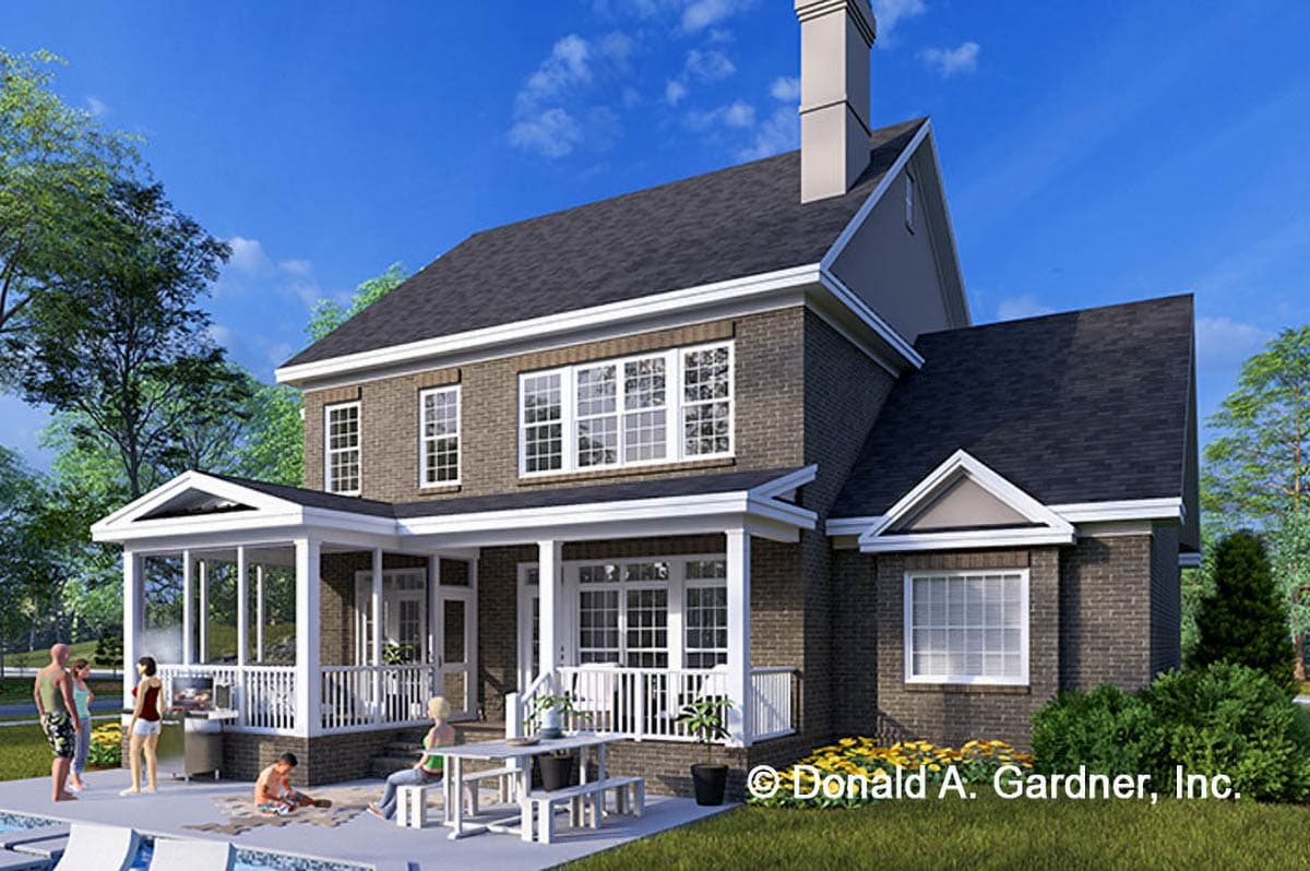 House plan exterior with brick facade, screened porch, multiple gables, and prominent chimney.
