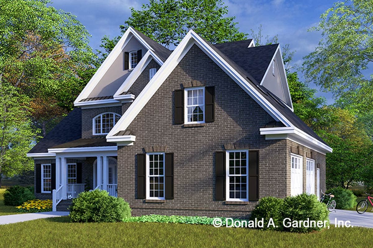 House plan exterior: Two-story brick home with prominent gables, a covered front porch with columns, and multi-pane windows.