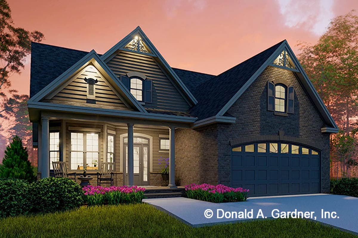 House plan exterior: One-and-a-half story Modern Farmhouse with a covered porch, prominent gables, and a side-entry garage.