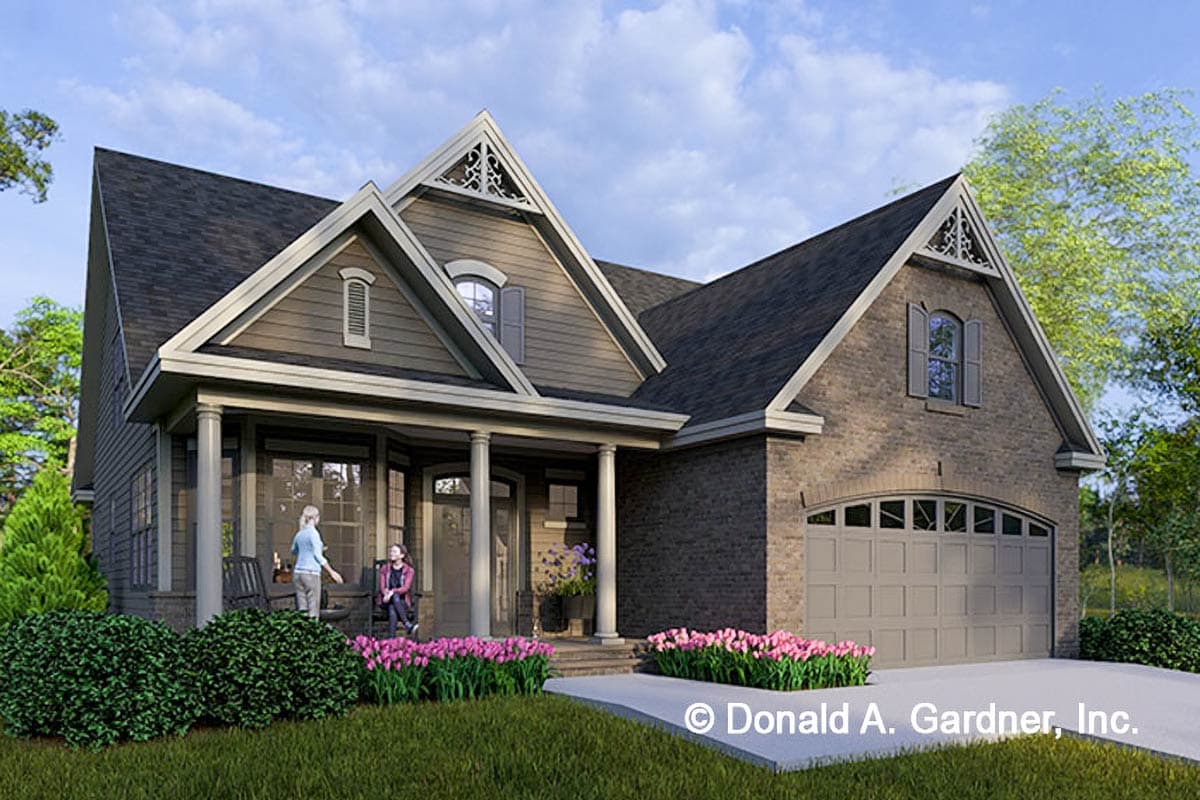 House plan exterior. Two-story home with Craftsman style. Features include gabled roof, front porch with columns, and attached garage.