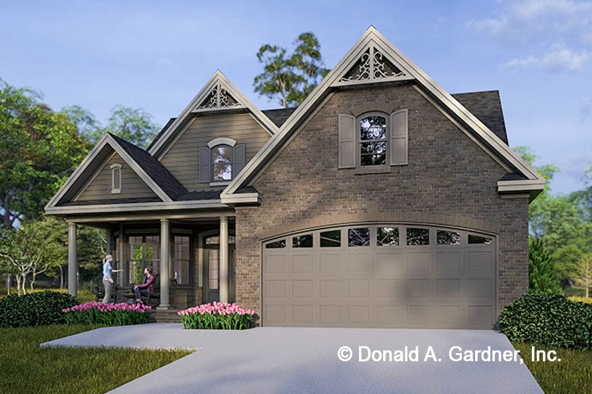 House plan exterior with brick facade, gabled dormers, covered porch with columns, and multi-panel garage door.
