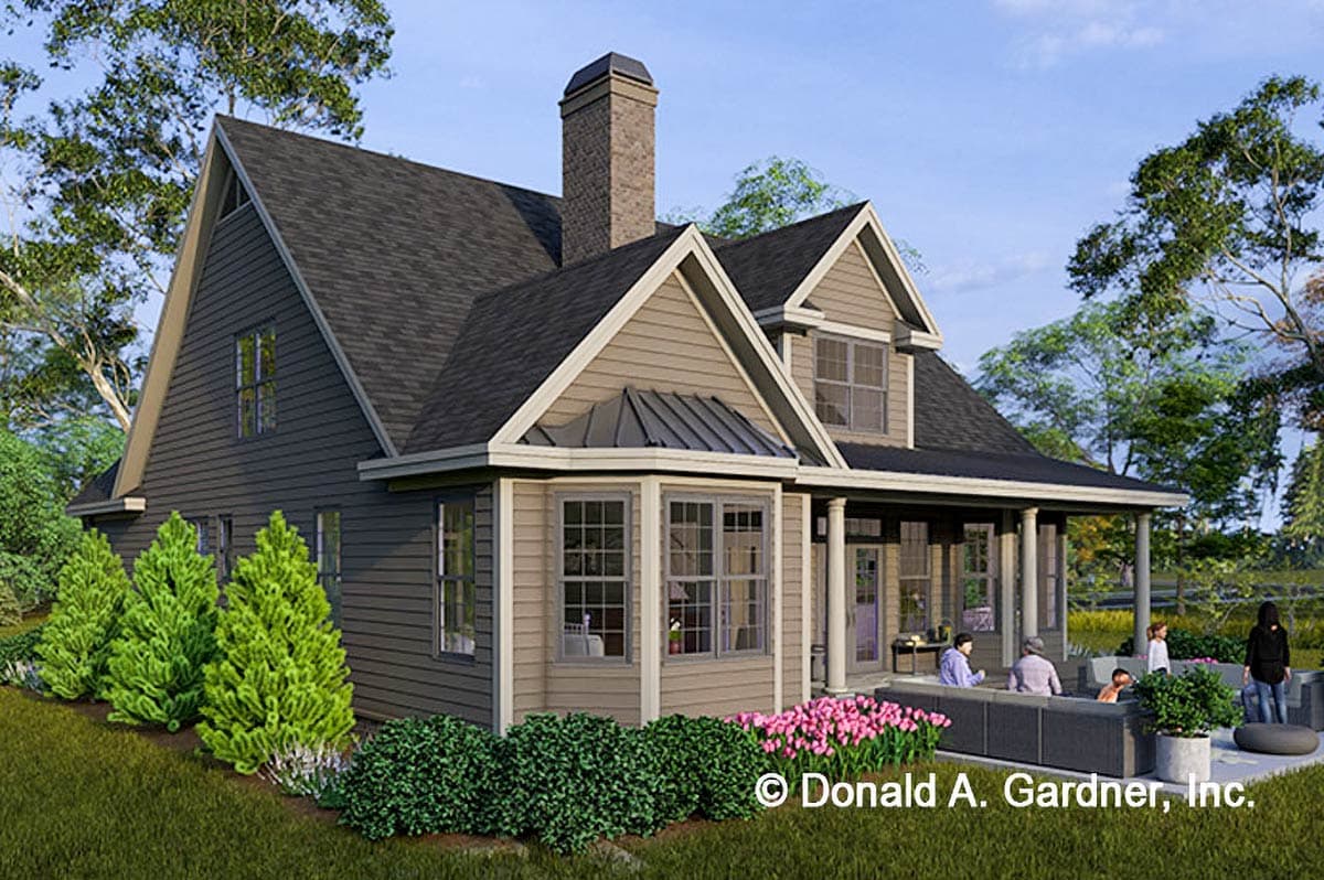 House plan exterior: Two-story home with gables, dormers, brick chimney, prominent bay window, and covered porch.