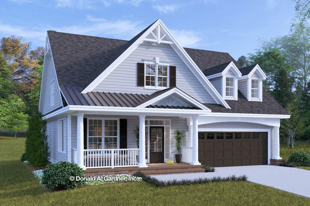 House plan exterior. Two-story Craftsman home with gabled roof, front porch with columns, and attached garage. Dormers accent the roofline.
