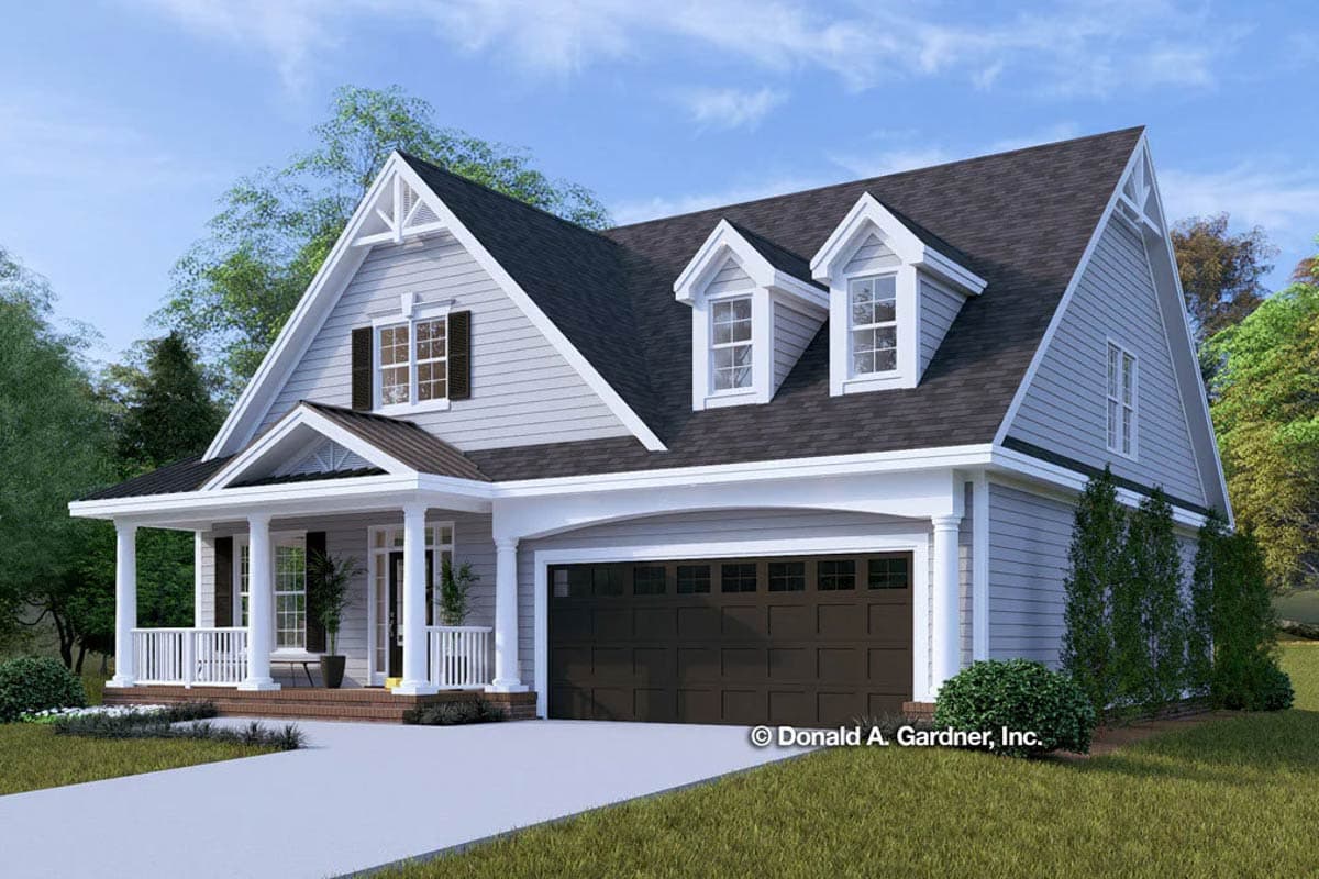 House plan exterior of a two-story home with a gabled front, dormers, and a covered front porch with columns.