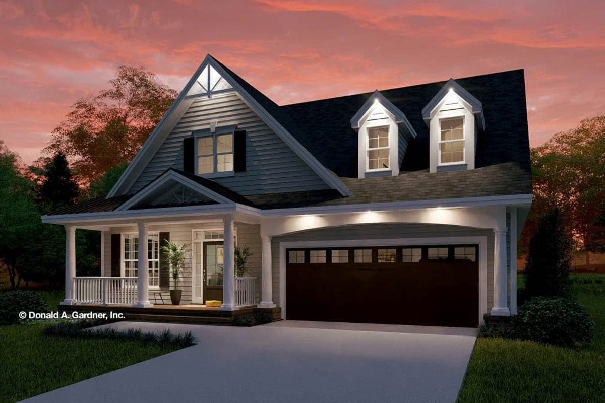 House plan exterior: Two-story Modern Farmhouse with covered front porch, gables, dormers, and attached side-entry garage.