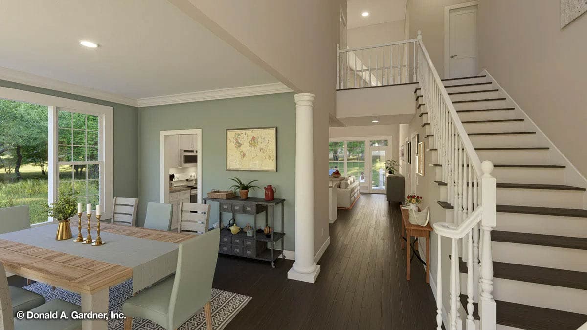 Interior rendering of a house, showing dining area, stairs, and view to great room. Open layout with large windows.