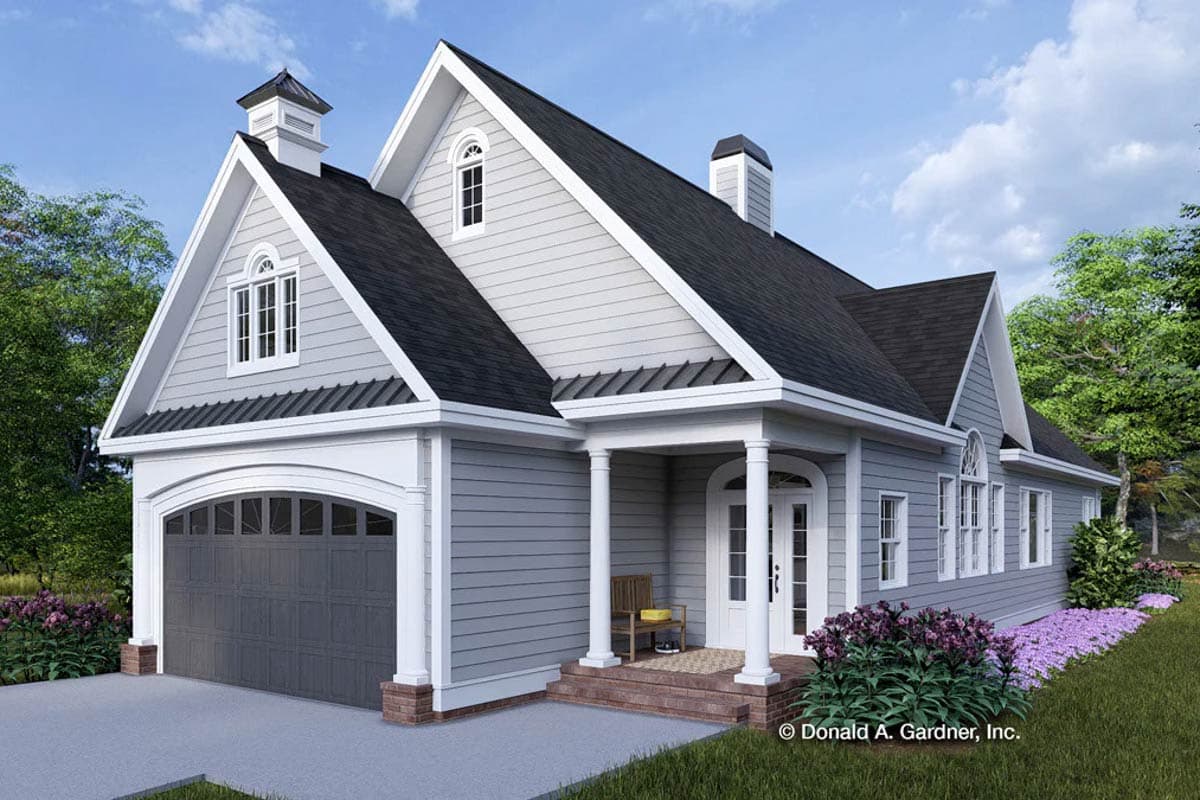 House plan exterior featuring a Craftsman style with two stories, gabled roof, a porch with columns, and a garage with an arched door.