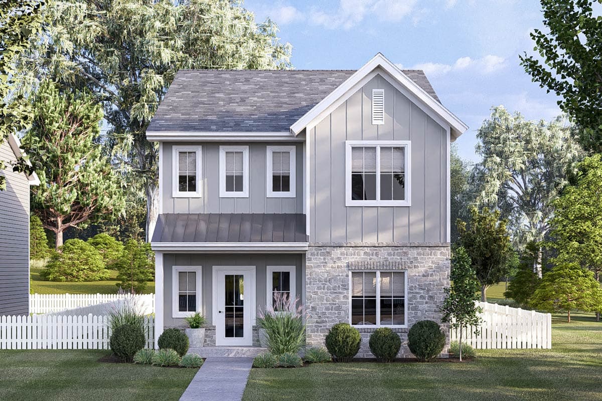 House plan exterior. Two-story Modern Farmhouse with gabled roof, stone veneer, and covered front porch. Features include board and batten siding.