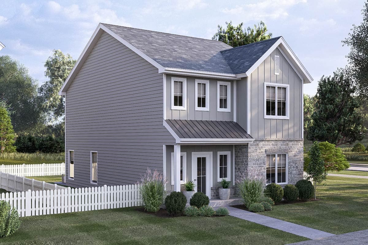 Two-story house plan exterior with stone base, board and batten siding, gabled dormer, and metal roof porch.