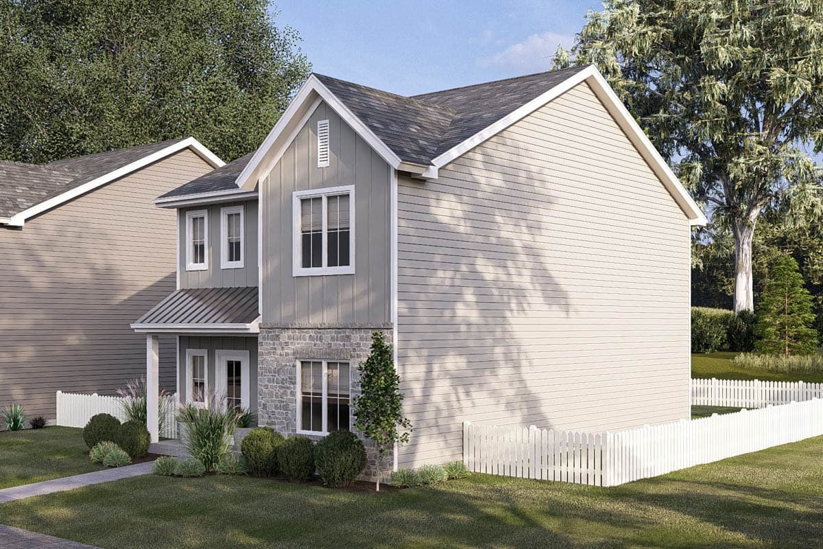 House plan exterior: Two-story modern farmhouse with stone base, board-and-batten siding, gable vents, and metal-roof porch.