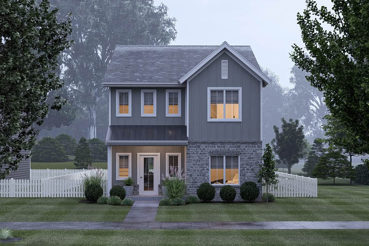 House plan exterior: two-story modern farmhouse with stone base, gable roof, metal awning over porch, and board-and-batten siding.