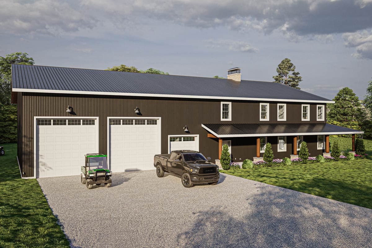 House plan exterior with dark vertical siding, a dark metal roof, a covered porch, and three garage bays.