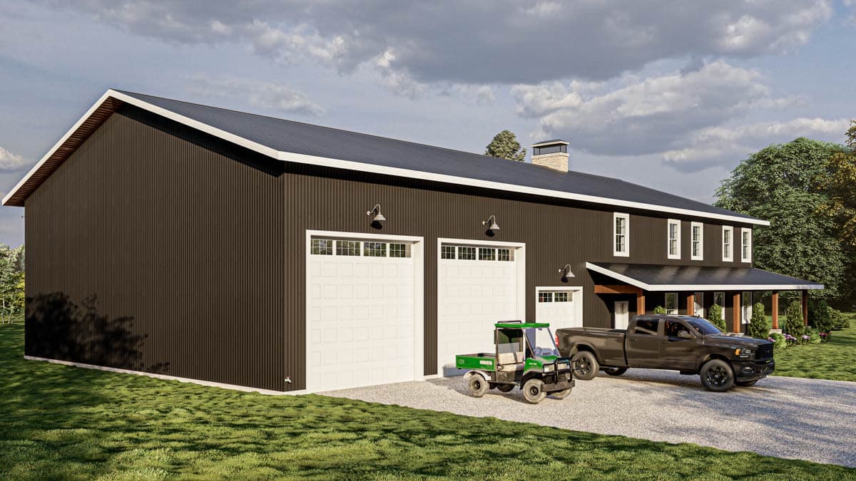 House plan exterior: Modern farmhouse with dark vertical siding, two-car garage, covered porch, and stone chimney.