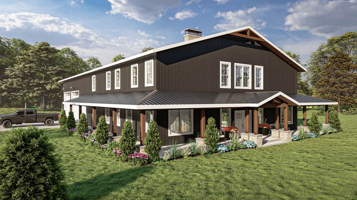 Modern Farmhouse house plan exterior with dark metal siding, a wraparound porch, dormers, and a gable roof.