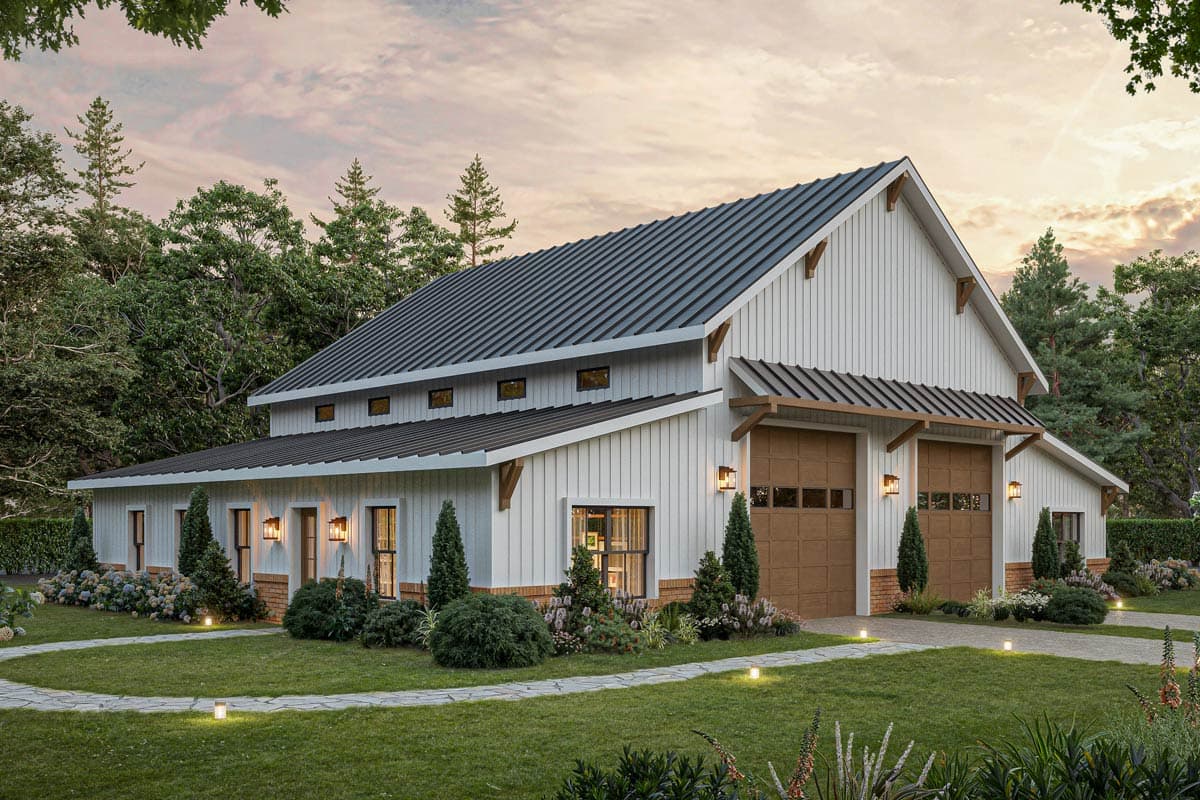 House plan exterior. Two-story Modern Farmhouse with board and batten siding, gable roof, and attached garage. Includes decorative corbels.