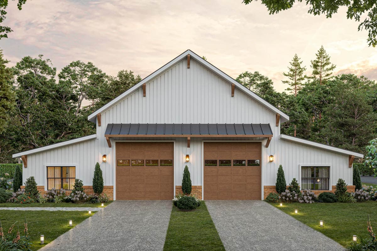 Modern Farmhouse house plan exterior with white board and batten siding, two garage doors, and gable rooflines.