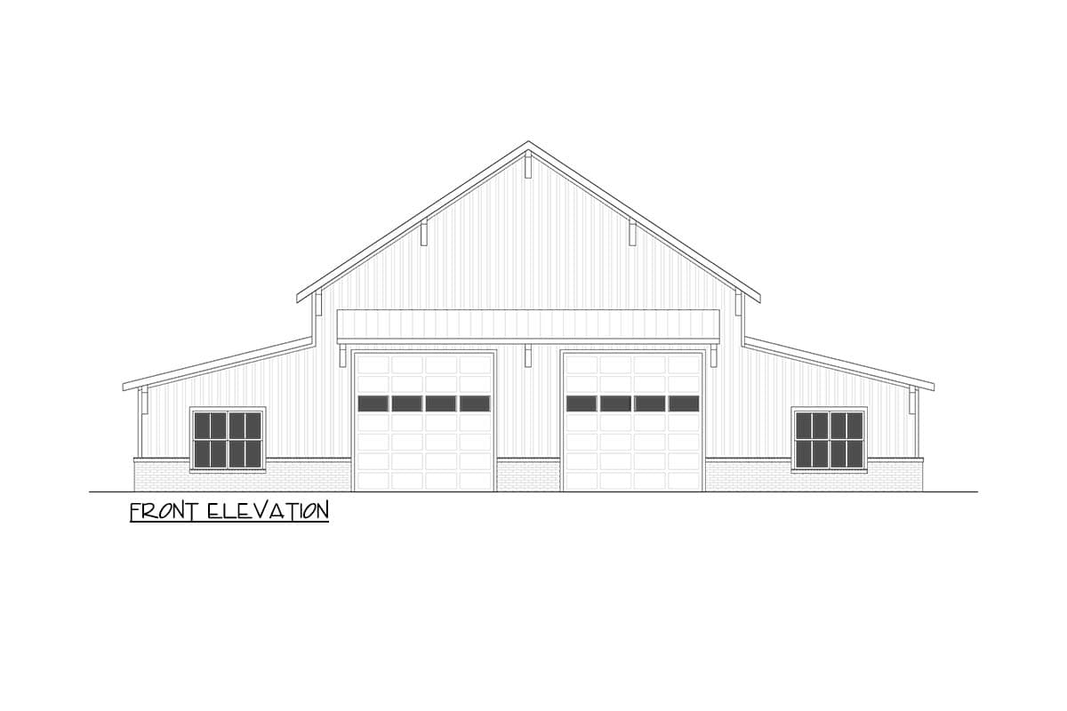 Front elevation drawing of a house plan featuring a gable roof, two garage doors, and two windows.