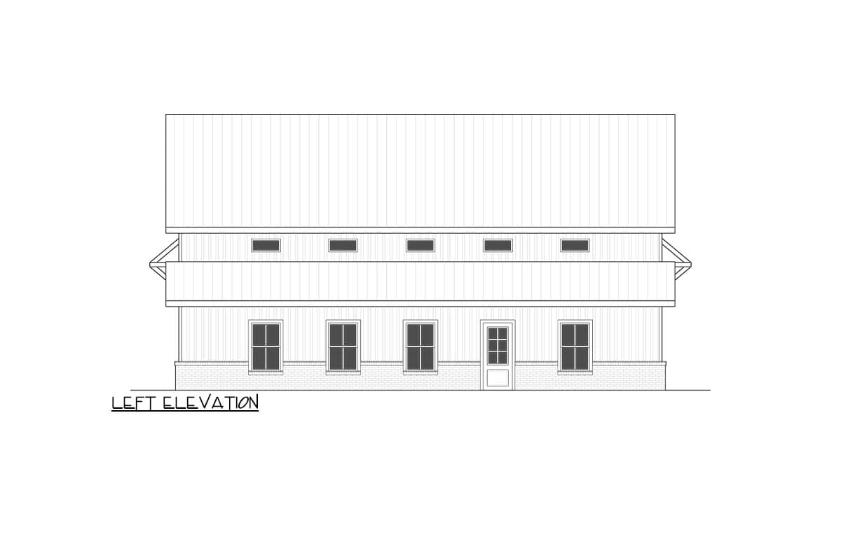 Left elevation house plan drawing showing a two-story structure with a metal roof, multiple windows on both levels, and a central front door.