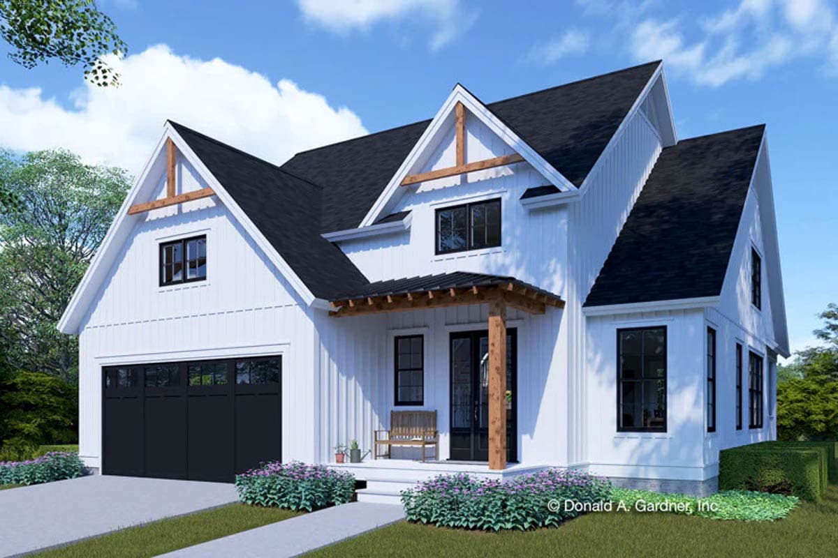 House plan exterior featuring Modern Farmhouse style with a two-story layout, multiple gables, a covered porch, and a side-entry garage.