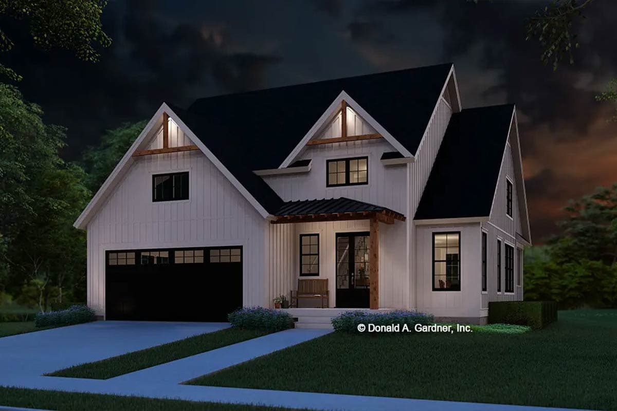 Modern Farmhouse house plan exterior with a covered front porch, prominent gables, and attached garage.