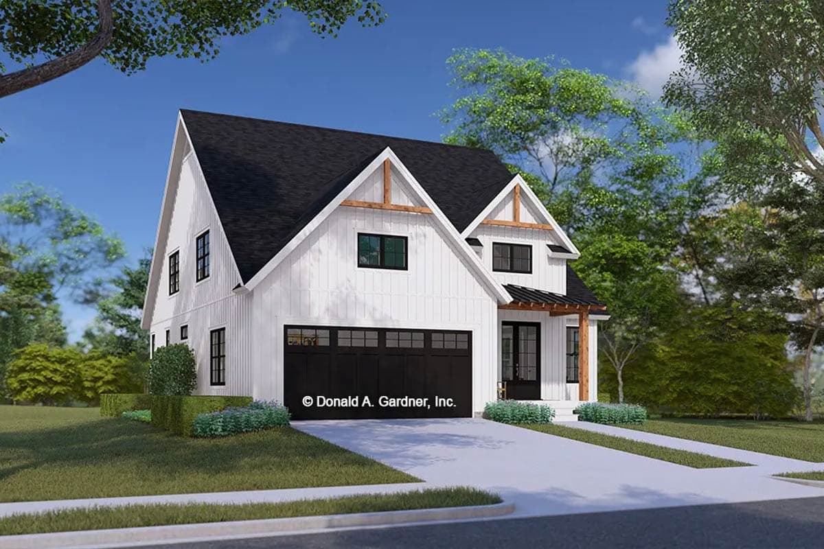Modern Farmhouse house plan exterior, two stories, board-and-batten siding, gables with exposed rafters, and attached two-car garage.