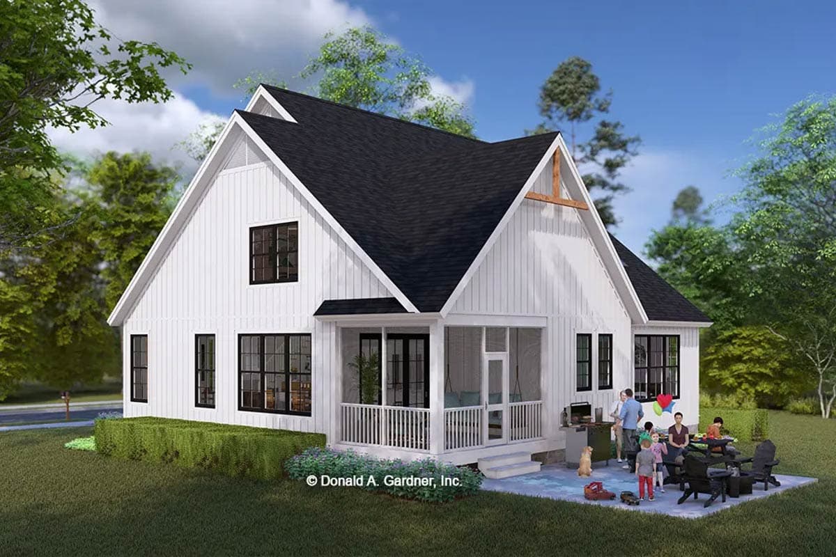 Modern farmhouse house plan exterior with white board-and-batten siding, large gables, screened porch, and black windows.
