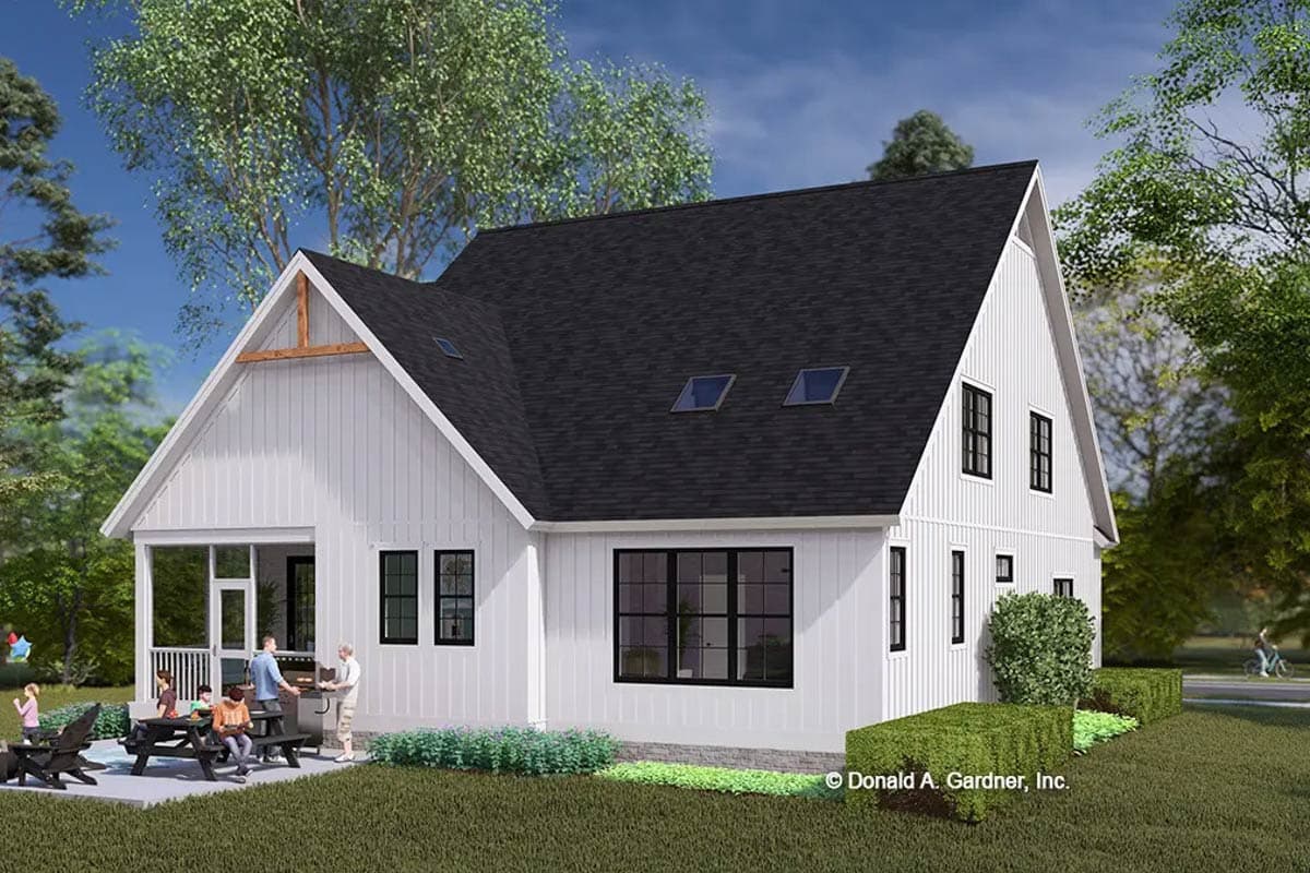 Modern Farmhouse house plan exterior with vertical siding, gable end with exposed rafter tails, and screened porch.