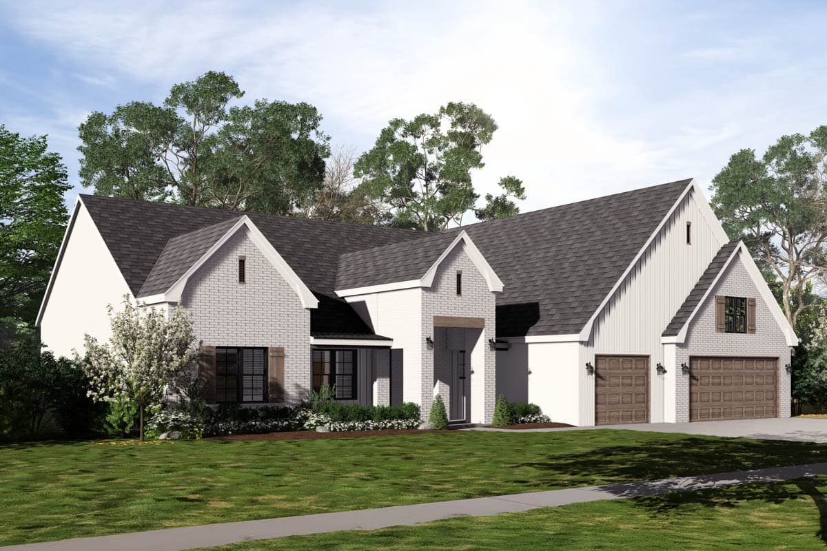 House plan exterior: Modern Farmhouse style, one story, with a gable roofline, brick accents, and a three-car garage.