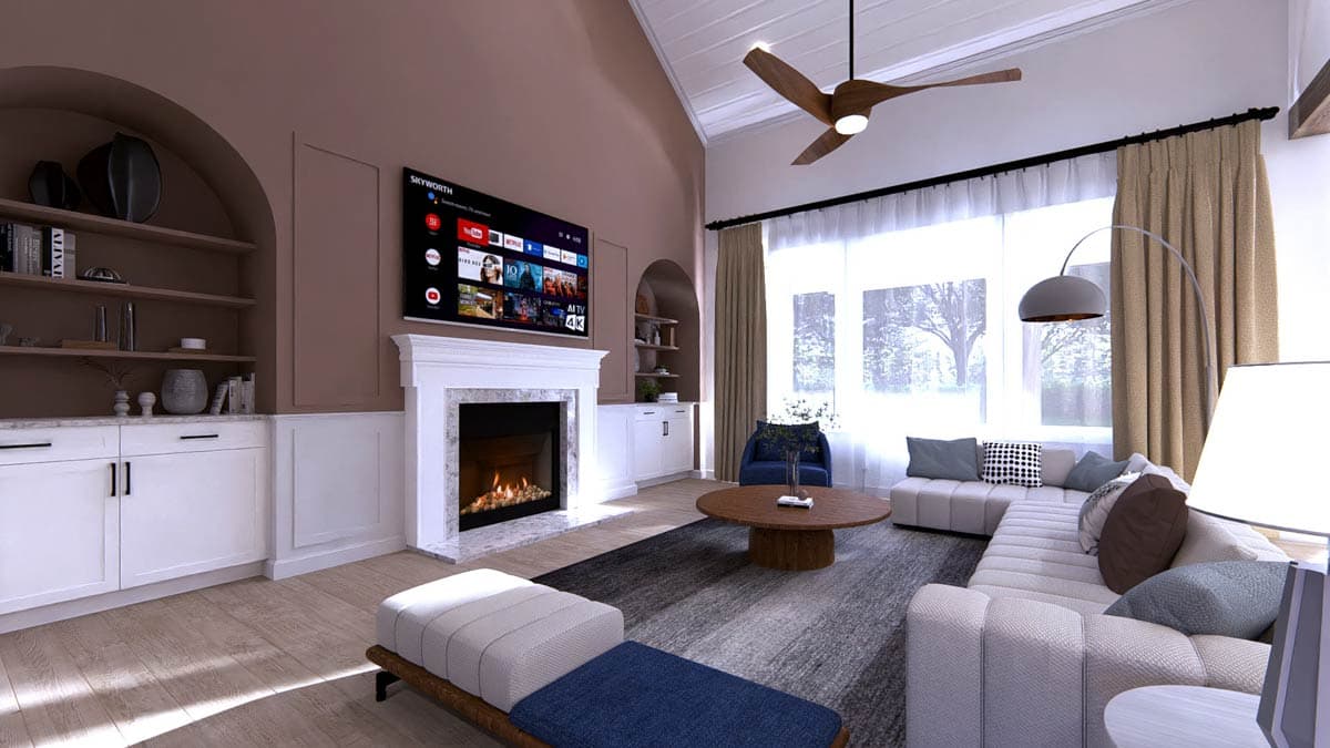 Living room with vaulted ceiling, fireplace, built-in shelving and large windows.