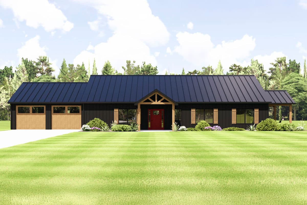 House plan exterior with board and batten siding, metal roof, and exposed timber frame entry. Features include a two-car garage.