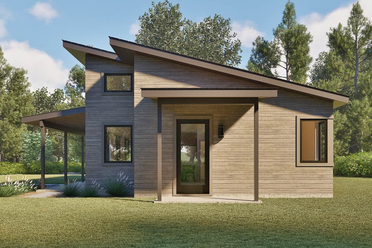 Modern style house plan exterior with a two-story structure, distinctive angled rooflines, wood siding, and covered porch.