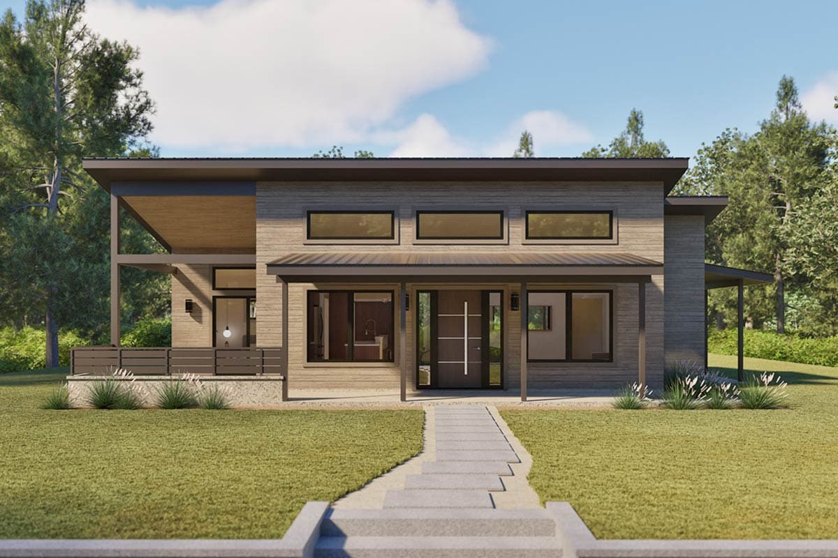 House plan exterior with modern style, featuring a flat roof, covered porch, and horizontal windows. Two-story structure with wood siding.