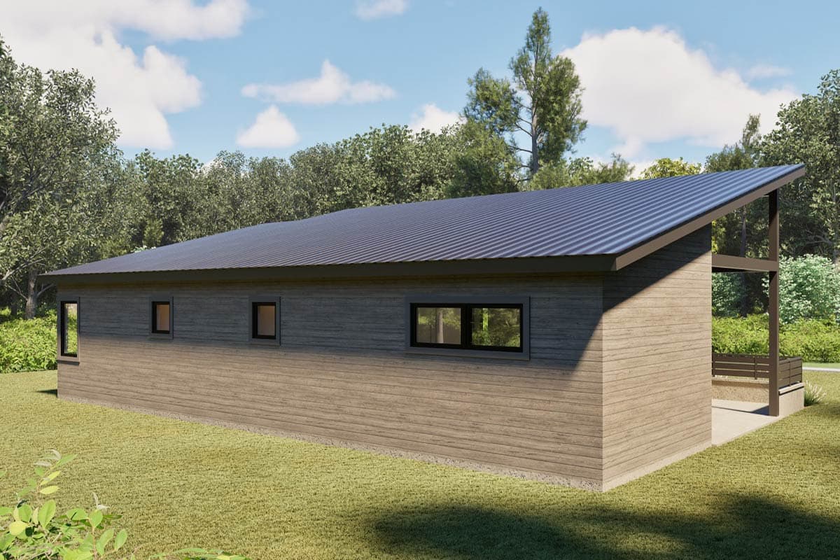 Modern house plan exterior with a shed roof, horizontal siding, and minimal windows.