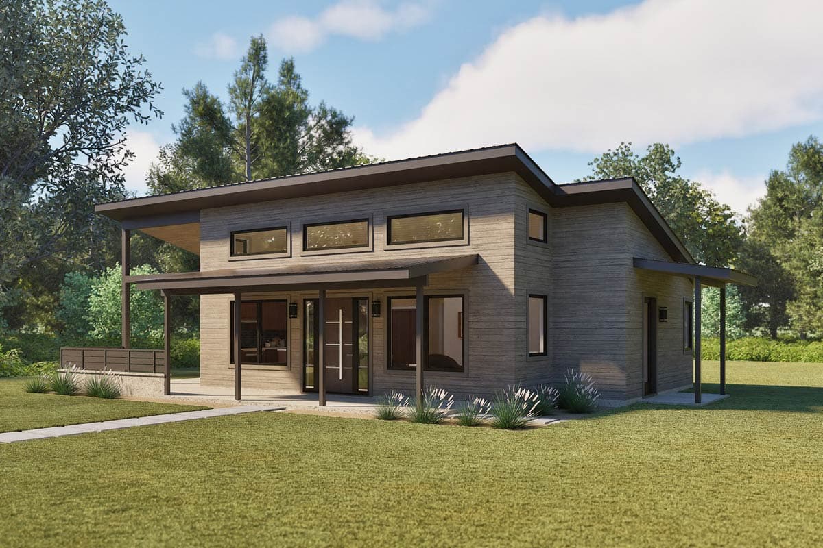 Modern house plan exterior with flat rooflines, horizontal siding, covered entry porch, and clerestory windows.