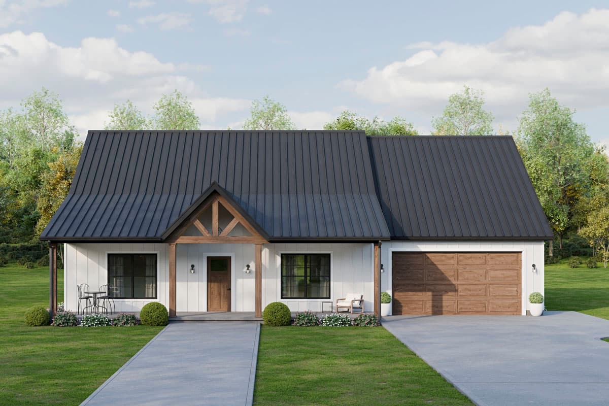 Modern Farmhouse house plan exterior with white siding, metal roof, gable entry with wood beams, and attached garage.