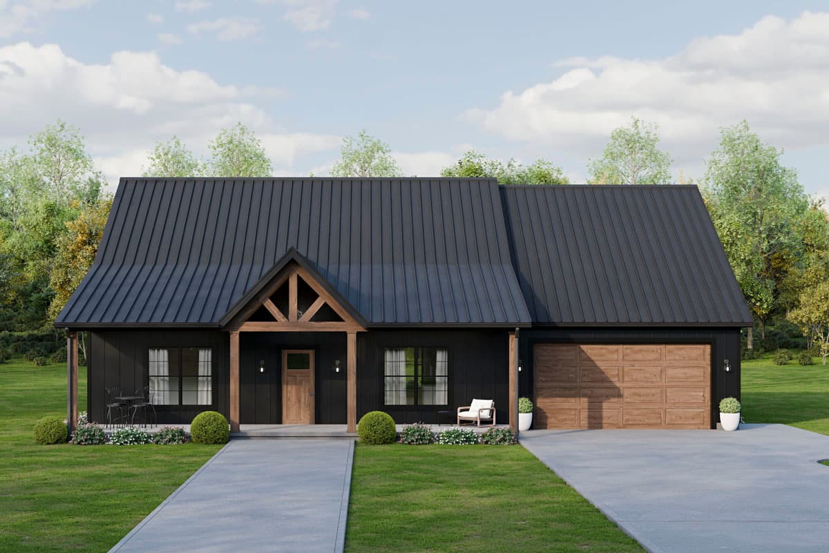 House plan exterior. One-story Modern Farmhouse with a gable roof, covered front porch with exposed timber supports, and attached garage.
