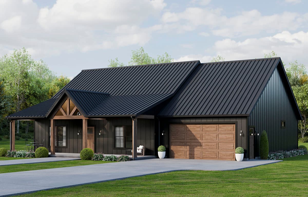 Modern Farmhouse house plan exterior with dark vertical siding, a metal roof, exposed wood beams, and a two-car garage.