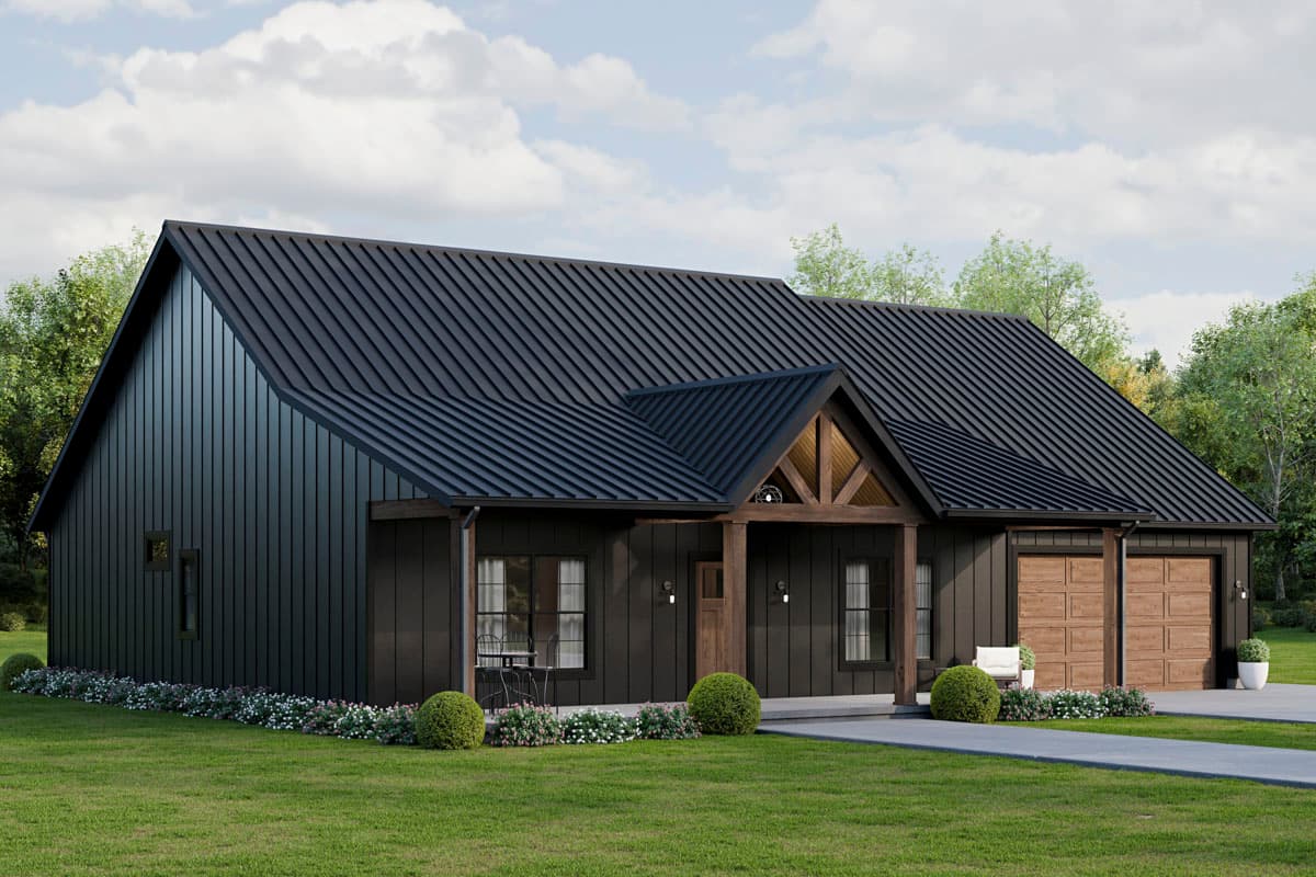 Modern Farmhouse house plan exterior with a dark metal standing seam roof, gabled entry with wood accents, and a two-car garage.