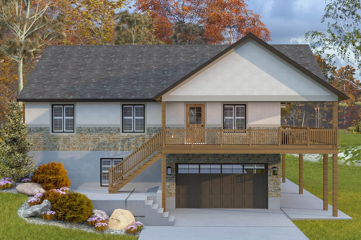 House plan exterior with two stories, gabled roof, stone facade, and a deck with stairs. Garage is located below deck.
