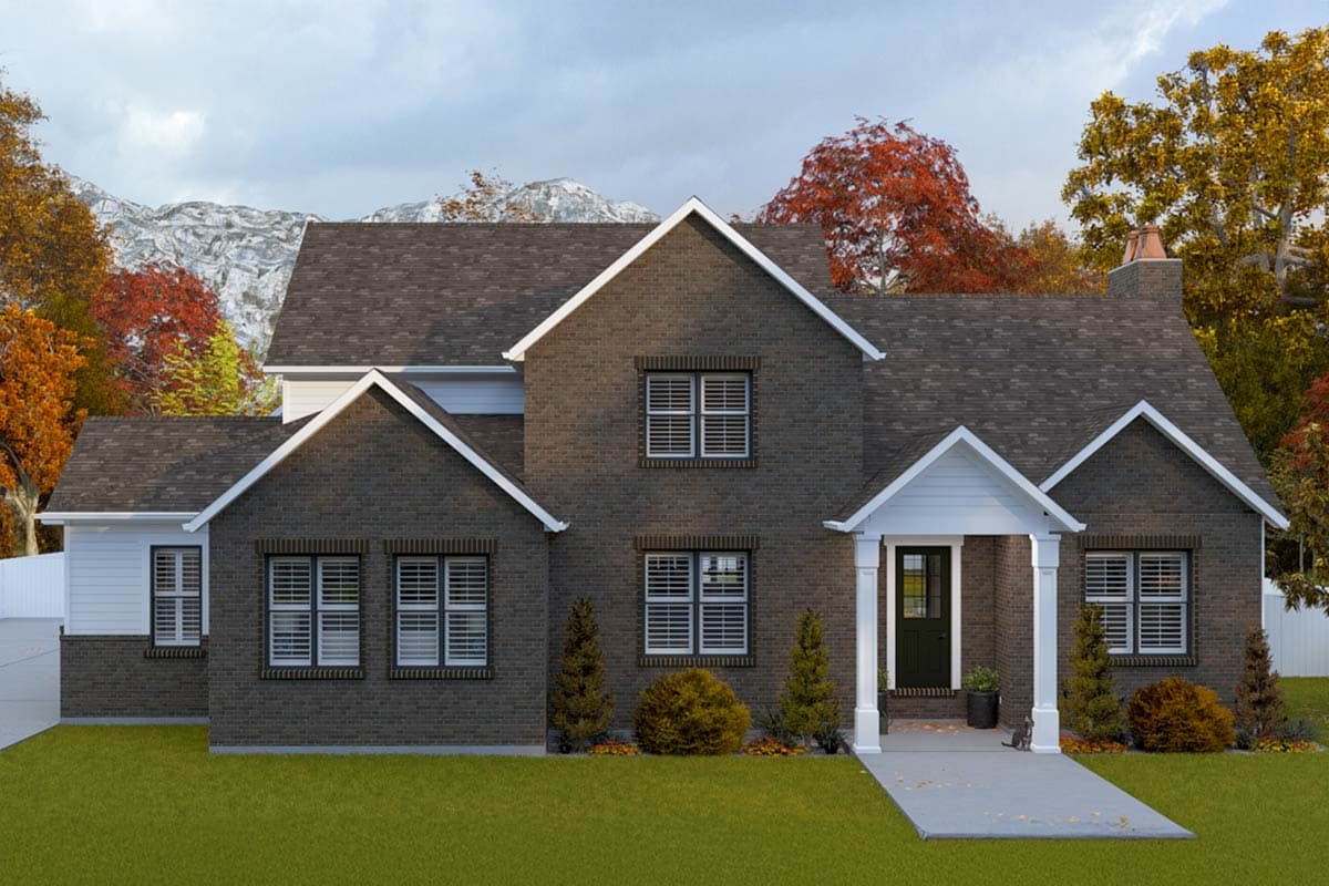 House plan exterior with brick facade, gable roof, and covered front porch with columns. Two-story with multiple gables and window shutters.