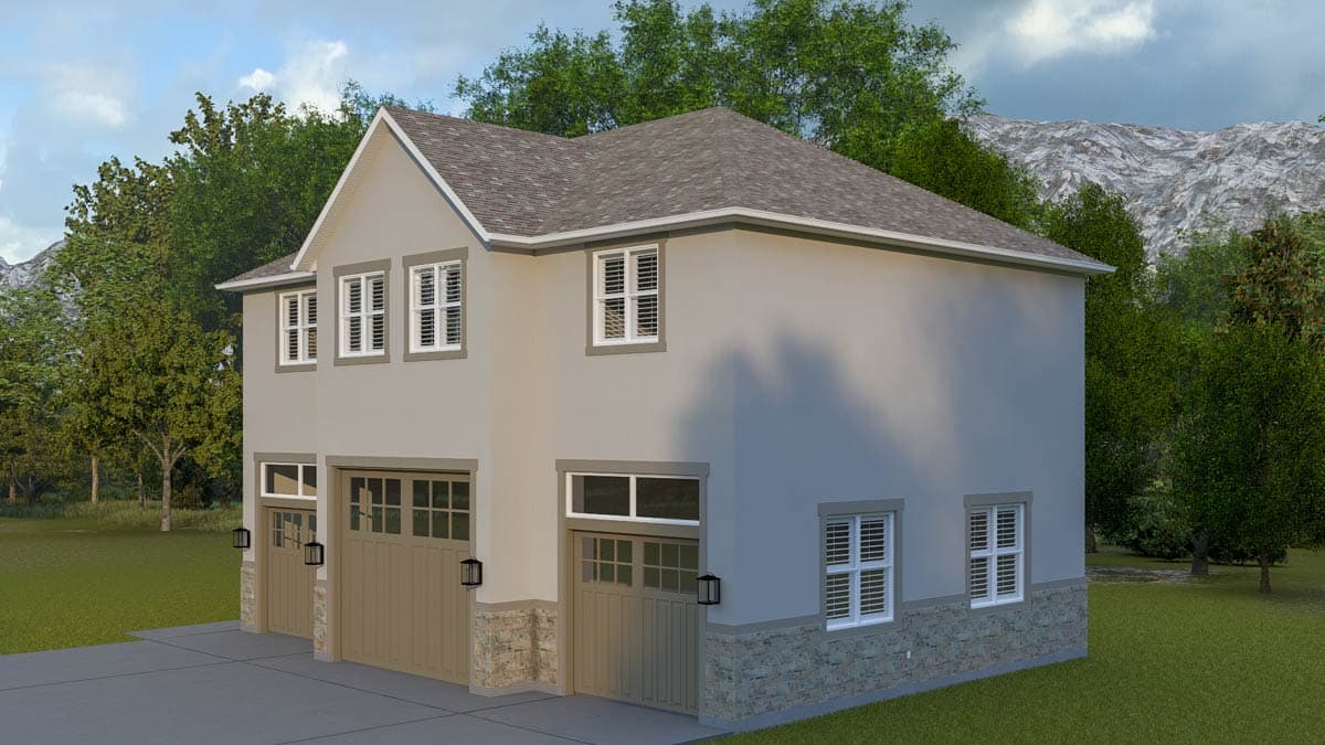 House plan exterior: Two-story structure with a gable roof, three garage bays, stone accents, and multiple windows.
