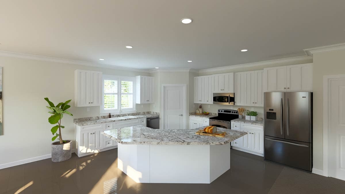 Modern kitchen with white cabinetry, granite countertops, large island with seating, stainless steel appliances, and sink under a bay window.