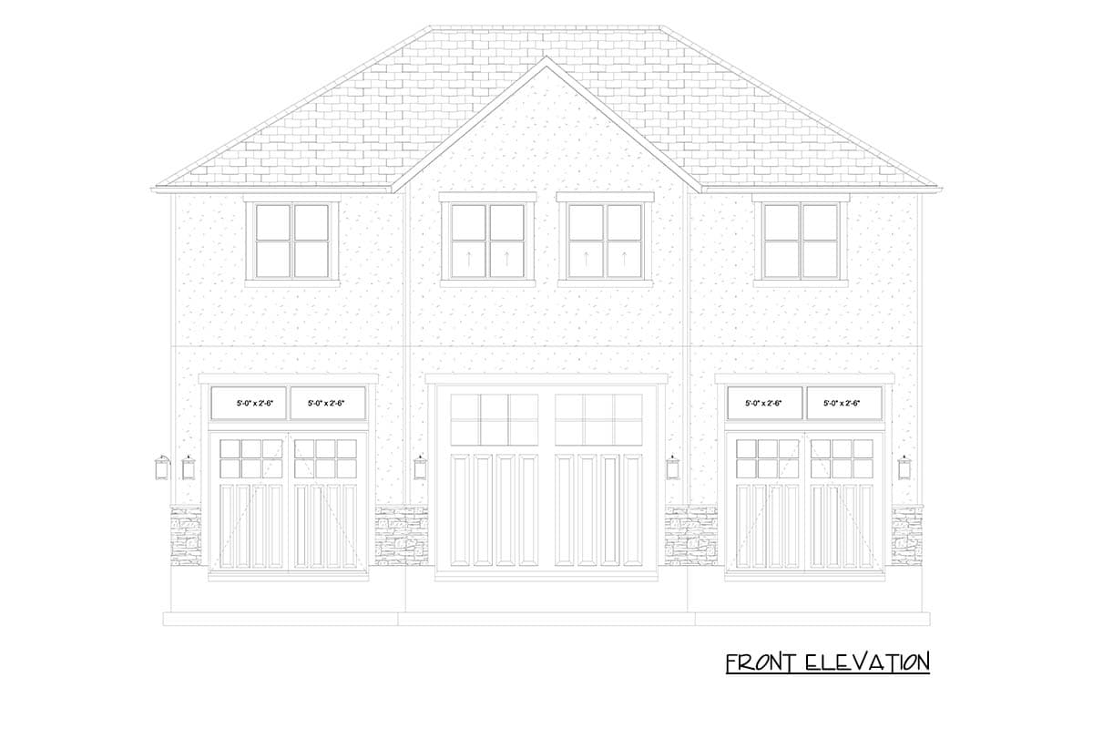 Front elevation drawing of a two-story house plan with a centered garage, flanking doors, and upper-level windows.