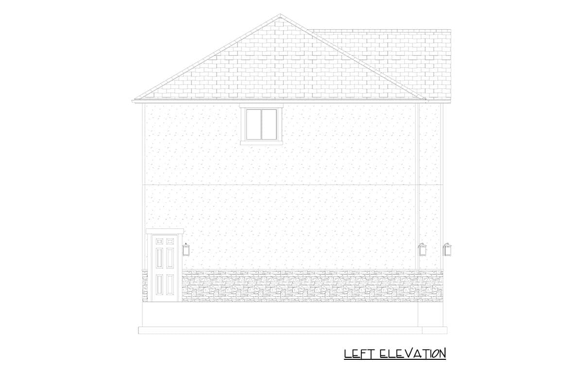 Left elevation drawing of a two-story house plan with a pitched roof, one upper window, and a stone base.