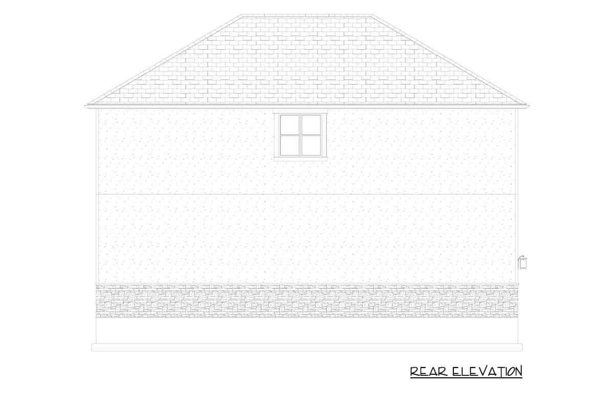 Rear elevation drawing of a house plan showing a gabled roof, one central window, and a stone foundation.