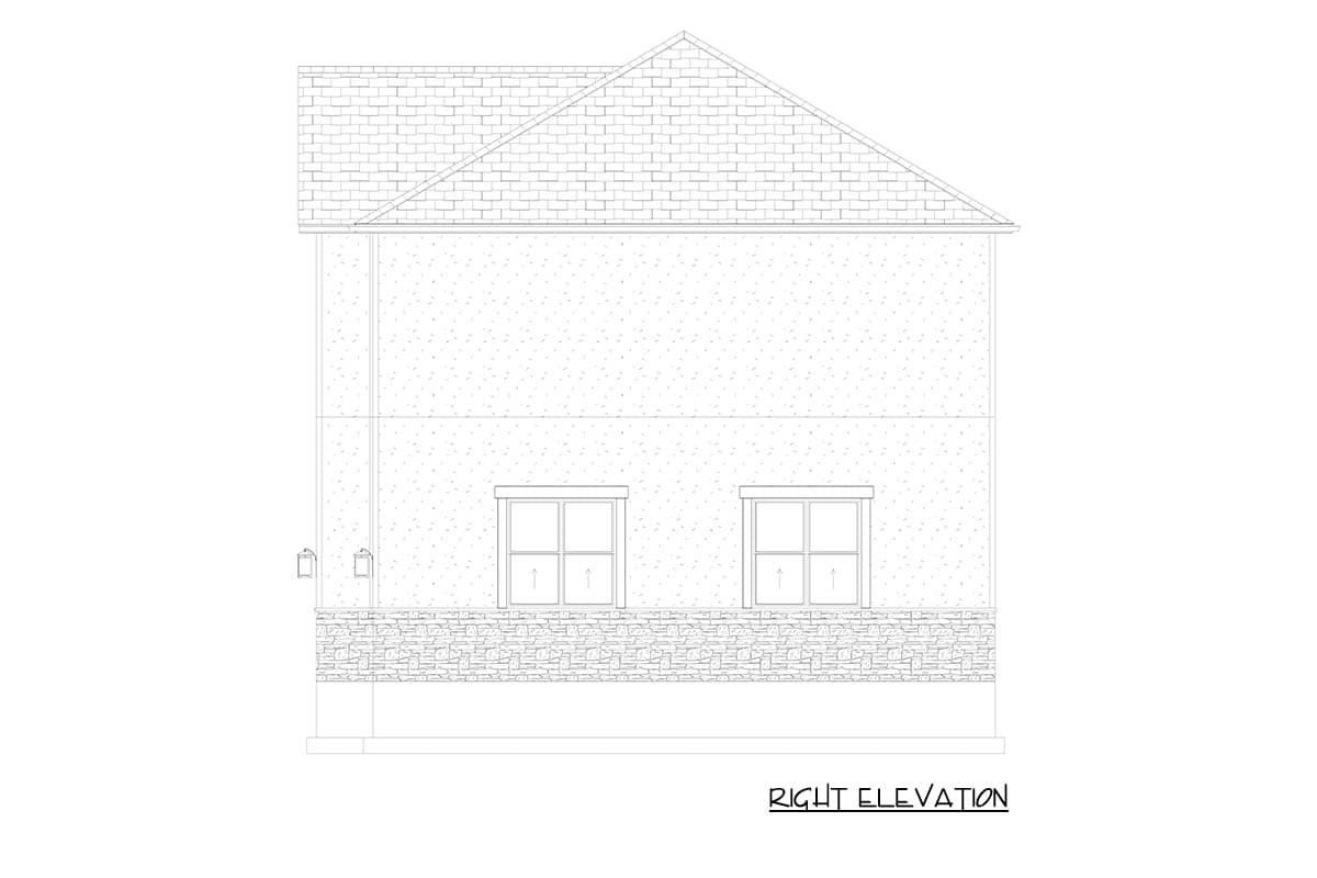 Right elevation drawing of a house plan showing a gable roof, two windows, and a stone base.