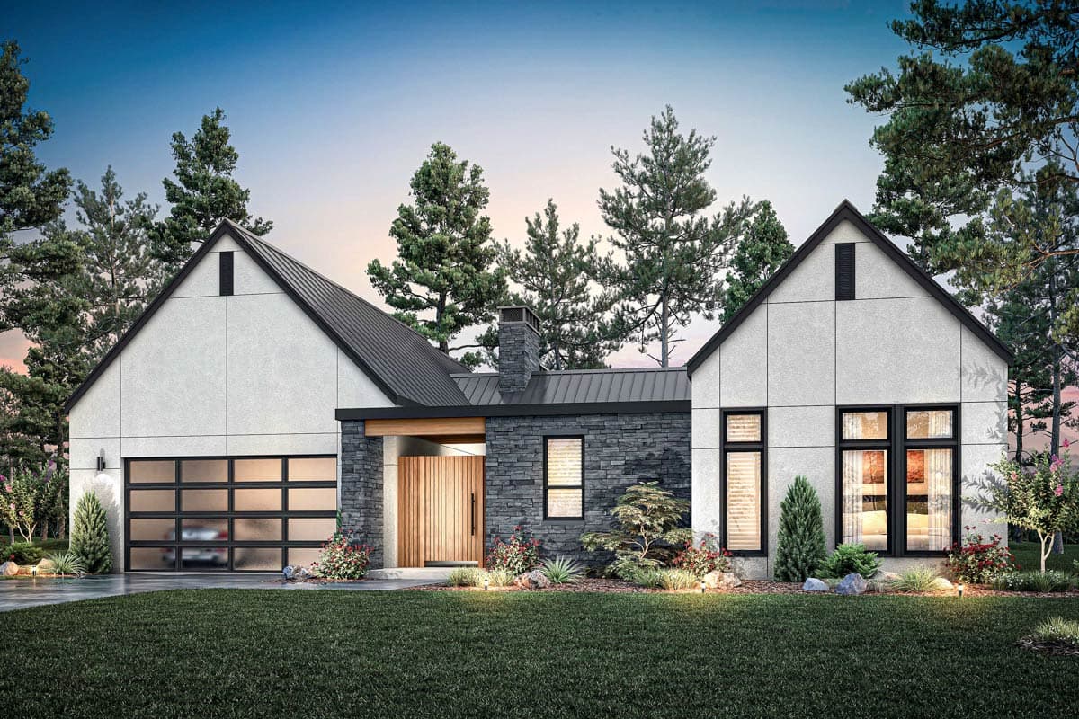 House plan exterior. Modern farmhouse style with gabled roof, stone facade, and attached garage. Features include wood accents and dark metal roofing.
