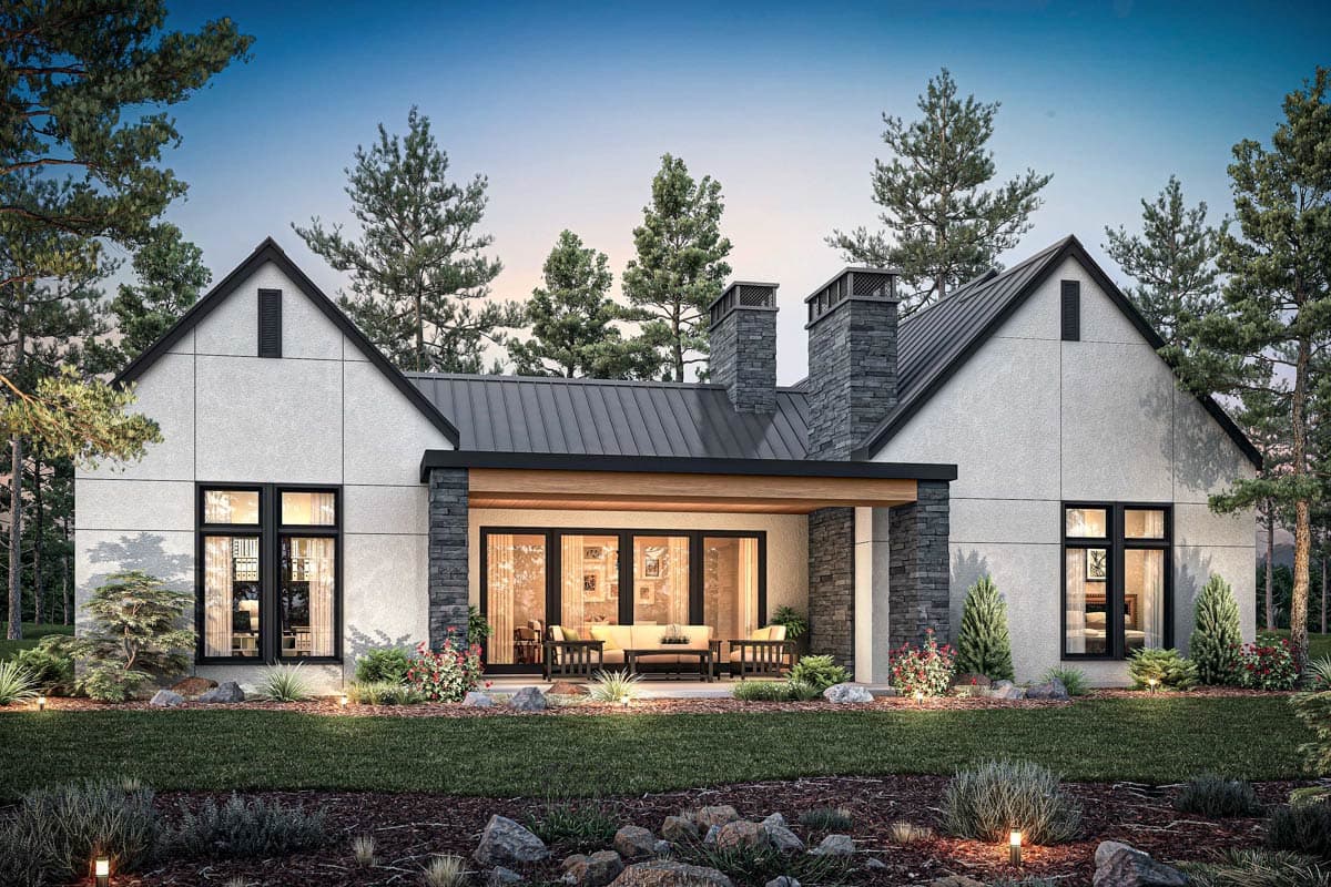 Modern house plan exterior with gable roofs, stone chimney, covered patio, and large windows.
