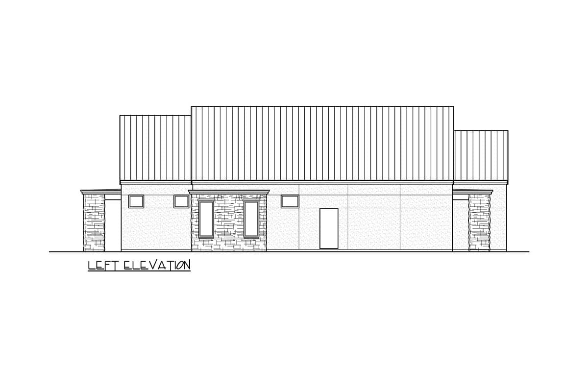 Left elevation drawing of house plan showing multi-level roof, stone accents, windows, and door.